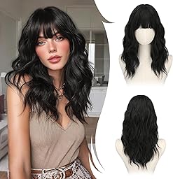 RUWISS Schwarz Lange Gewellte Perücke mit Pony für Damen, 20 Zoll Layered Perücke Damen, Natürlich Synthetisch Hitzebeständig Wigs für Alltag Party Cosplay Halloween