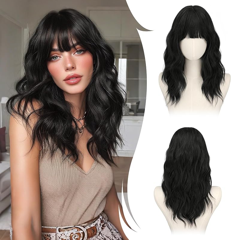 RUWISS Schwarz Lange Gewellte PerĂŒcke mit Pony fĂŒr Damen, 20 Zoll Layered PerĂŒcke Damen, NatĂŒrlich Synthetisch HitzebestĂ€ndig Wigs fĂŒr Alltag Party Cosplay Halloween