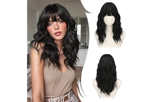 RUWISS Schwarz Lange Gewellte Perücke mit Pony für Damen, 20 Zoll Layered Perücke Damen, Natürlich Synthetisch Hitzebeständig Wigs für Alltag Party Cosplay Halloween