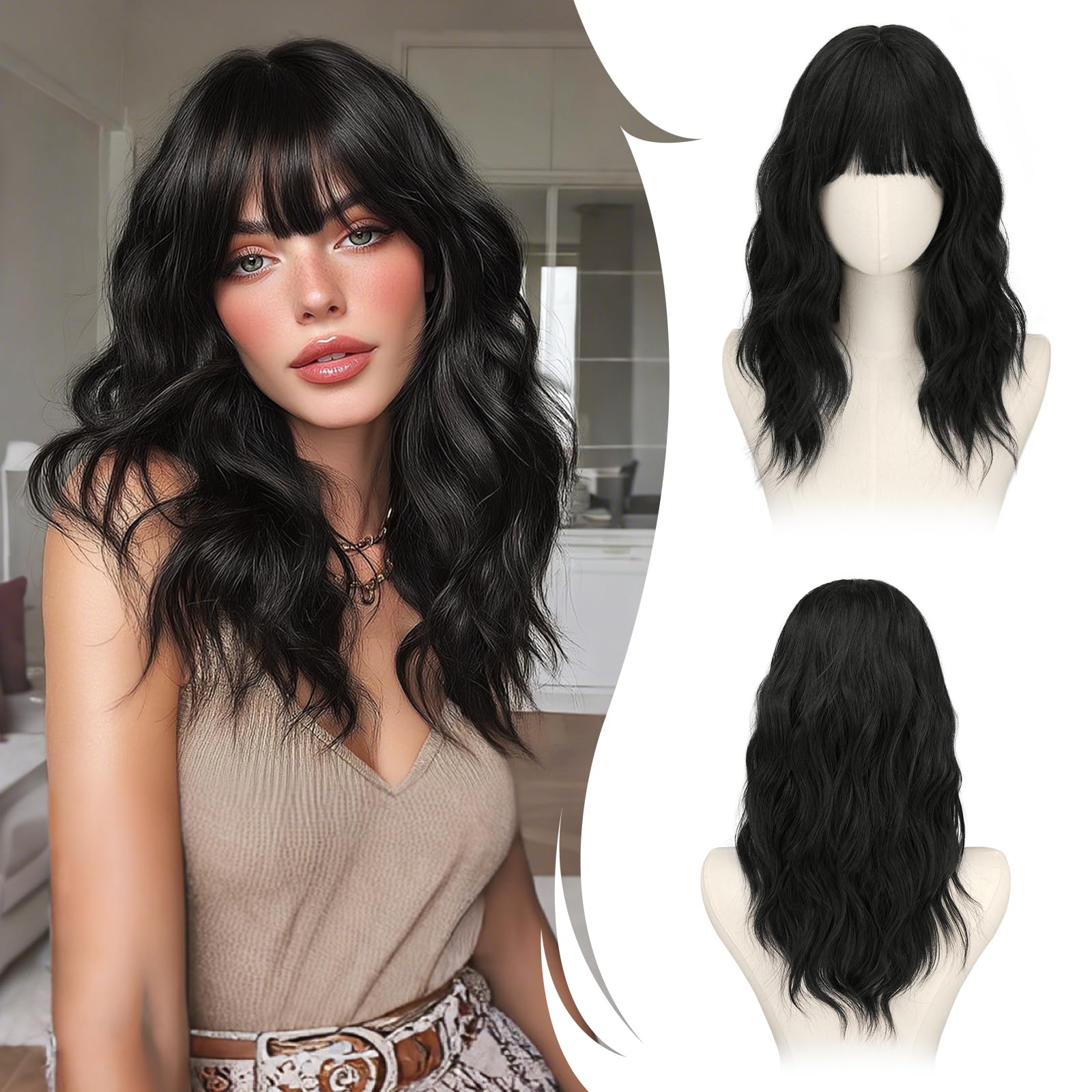 RUWISS Schwarz Lange Gewellte Perücke mit Pony für Damen, 20 Zoll Layered Perücke Damen, Natürlich Synthetisch Hitzebeständig Wigs für Alltag Party Cosplay Halloween - 1