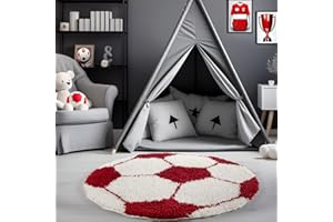 ‎CARPETSALE24 Carpetsale24 Hochflor Kinderteppich Bälle Fußball Form Rot und Weiß 120 cm Rund - Runder Teppich Kinderzimmer Langflor Babyteppich Spielteppich für Junge und Mädchen Extra Weich und Antiallergen