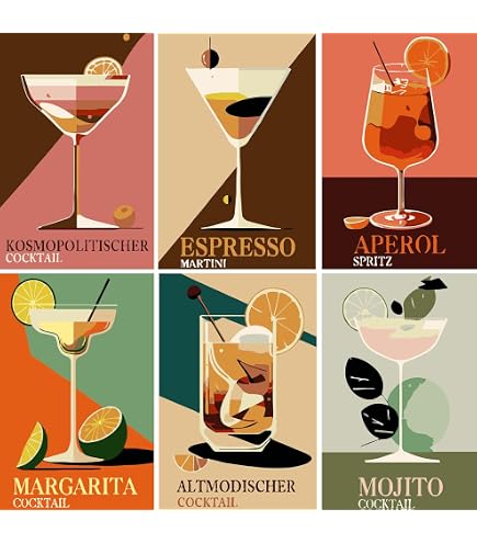 Godneei Dipingere Con I Numeri 6 Quadri Cocktail | Kit Completo Per Adulti E Bambini, 30x20cm, Pennelli E Colori Acrilici Inclusi