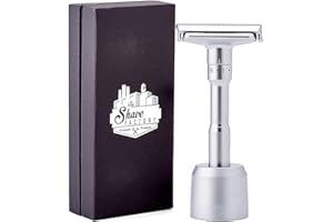 THE SHAVE FACTORY Rasoir de Sécurité Réglable avec Tapis Antidérapant & Socle – Outil de Rasage de Précision pour Hommes – Finition Chrome – Prise en Main Confortable, Équilibrée & Durable