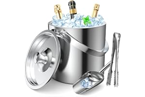 GMGXX Eiswürfelbehälter Edelstahl, 1,6L Eiseimer mit Doppelwand-Design, Eisbehälter für Eiswürfel Eiskübel mit Deckel & Eisschaufel & Zangen, Tragbar Eiskühler zum Kühlen von Bier Champagner Wein