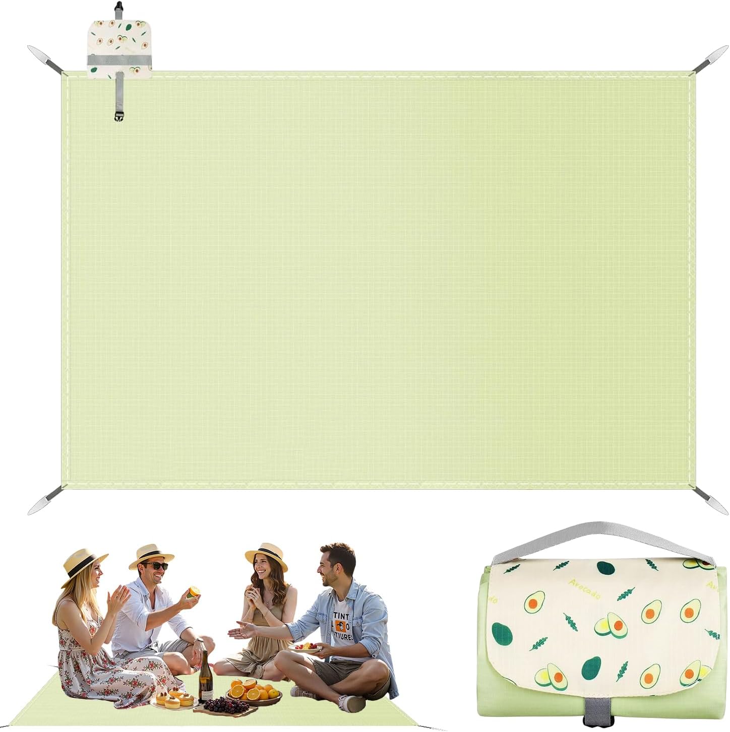 Manta Picnic Impermeable Verde 150 x 210 cm, Tapete de Picnic con Asa, Compacta Manta de Playa, Manta Picnic Portátil, Tapete de Picnic Plegable para Interiores, Playa, Camping, Viajes, Césped, Parque
