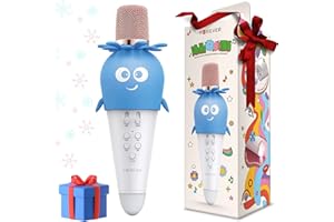 Forever mikrofon z głośnikiem Bluetooth AMS-200 kwiat marchewka do karaoke dla dzieci na prezent modulacja głosu redukcja wokalu LED parowanie ze smartphonem (Niebieski)