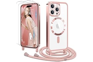 Ethanger Handyband für iPhone 15 Pro Max Hülle mit Band + 2 Stück Glas Schutzfolie Transparent Silikon Handyhülle Magnetische Schutzhülle für iPhone 15 Pro Max Rosa