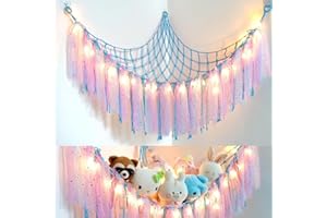 Weldomcor Stuffed Animals Storage with Fairy Lights Toy Hammock Hanging Stuffed Animal Storage Organizer Holder with Lace Tassels for Nursery Play Room, Kids Bedroom (Blue)