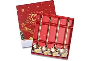 Gxhong Lot de 4 Cuillère de Noël, Cuillères à Café de Noël en Acier Inoxydable, Ensemble de cuillères de créative, Cuillères à Café, Crème Glacée et Gâteau de Cuillères, pour Cadeau de Noël