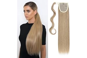 Silk-co Coleta Postiza de Pelo Sintético Liso con Clips Extensiones de Cabello Invisible y Natural Ponytail Velcro Hair Extension #Rubio Ceniza & Rubio Pálido (58cm,90g)