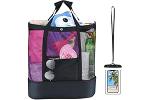 MECCTUCK Borsa Spiaggia Grande,Borsa Mare Impermeabile,Borsa Mare Bambina,Grande Borsa a Rete ​da Spiaggia con Cerniera,Borsa Mare con Piccola Borsa Impermeabile,per Spiaggia Viaggio Picnic Palestra（Nero）