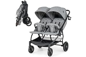COSTWAY Poussette Canne Double avec Porte-Gobelet, Poussette Côte à Côte avec Dossier & Auvent Réglable, Pliable d'une Main, Ceinture de Sécurité, Charge 15KG pour Bébé 0 à 3 Ans