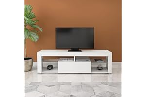 ML DESIGN MODERN LIVING ML-Design Mobile Porta TV in Legno MDF Bianco 140x51x35 cm Armadio Basso Multimedia Tavolo Intrattenimento Moderno con Spazio di Archiviazione per Il Tuo Soggiorno con 2 Ripiani in Vetro