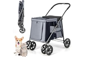 COSTWAY Wózek dla psów, wózek dla psów, składany, do 40 kg, wózek dla psów z poduszką, wózek dla zwierząt domowych z okienkiem z siatki i górną półką oraz 2 drzwiami i kieszeniami bocznymi, wózek dla