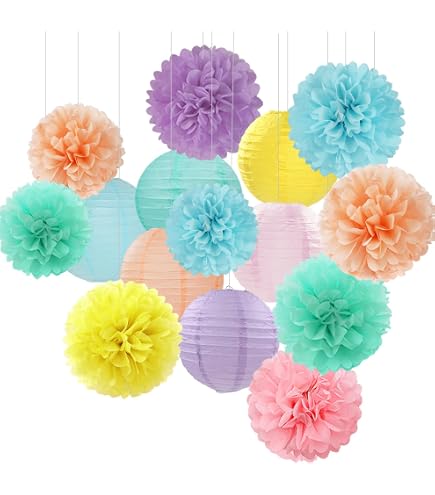 Set Di 15 Decorazioni Di Carta In Verde Salvia, Rosa Cipria E Bianco. Include Ventagli, Fiori, Lanterne, Pompon E Striscioni. Ideale Per Feste, Matrimoni, Baby Shower, Compleanni.