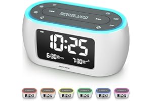BUFFBEE Radiowecker mit 7-Farben-Nachtlicht, Doppelalarm, Schlummerfunktion, Dimmer, USB-Ladegerät, Nap-Timer, Digitaler Wecker mit FM-Radio und Auto-Off, netzbetrieben mit Batterie-Backup-Weiß