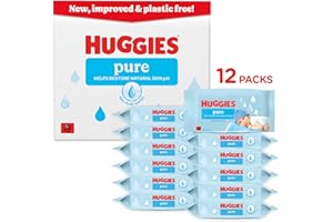 Huggies Pure Plastic Free Baby Wipes - Pack of 12 (576 Wipes) - 99% Water Wet Wipes, Fragrance Free, Hypoallergenic, Better Cleaning, Soft and Gentle on Babies' Delicate Skin