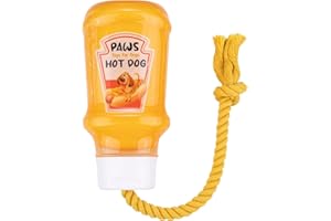 Fuzzl TPR Mustard Bottle Rubber Dog Toy with Rope – Durable Chew & Tug Toy for Small, Medium & Large Dogs – Tough – Interactive Fetch, Tug-of-War & Dental Health Play