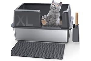 Gimars Arenero Acero Inoxidable Gatos XL 60x40x31cm, arenero Gato Acero Inoxidable 28L, Bandeja de Arena fácil de Limpiar y sin olores, Sanitaria a Prueba de Fugas con Pala y Alfombrilla