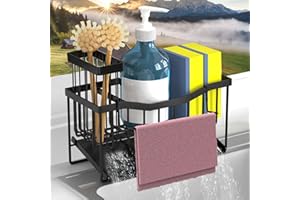 VILCEN Organizador Fregadero, Soporte Estropajo Fregadero de Cocina Acero Inoxidable con Bandeja de drenaje automática, Toallero Ajustables, Cocina Organizador de Lavado, Negro