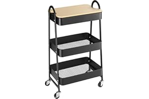 ‎HOMCOM HOMCOM Servierwagen mit 3 Ebenen Küchenwagen mit Rollen Griff Küchenregal mit Korb und Deckel Rollwagen Allzweckwagen für Küche Büro Badezimmer, Schwarz