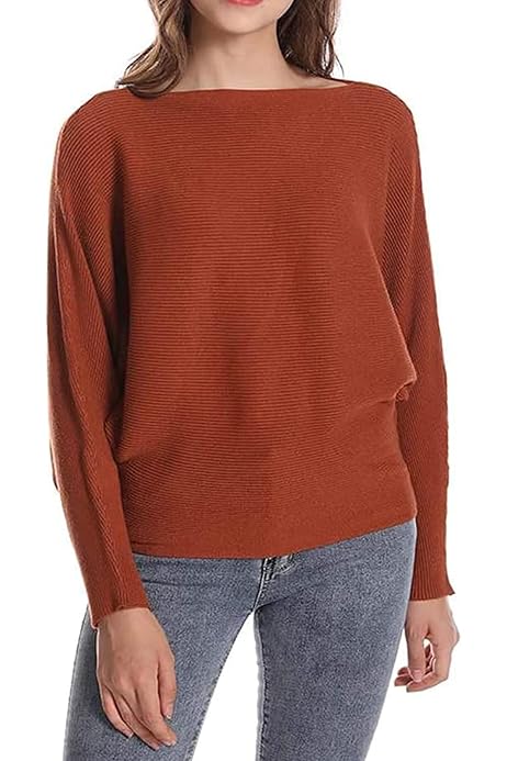 Women's Batwing Sweater Solid Boat Neck Tunic Casual Long Sleeve Knit Pullover  Sweater Tops for Women Caramel Small : Amazon.co.uk: Fashion