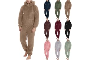 Cexiakong Jumpsuit Herren Teddy Fleece Schlafanzug Einteiler Mit Zip Winter Fluffy Pyjama Overall Mit Kapuze Relaxed Fit Nachtwäsche Warm Flauschig Schlafoverall Lang Plüsch Ganzkörperanzug Angenehm