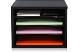 FITUEYES Organizer na biurko, drewniany, czarny, 4 półki, uchwyt na drukarkę, do biura i domu, 35,5 x 25 x 27,5 cm, DO403501WB