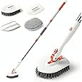 Fiver Tile Tub Scrubber Brush with 3 Different Function Cleaning Heads and 56" Extendable Long Handle-No Scratch Shower Scrubber for Cleaning Bathroom Kitchen Toilet Wall, Bathtub, Sink, Red