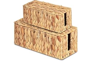 LOMUG 2 Stück Handgefertigte Wasserhyazinthe Kabelbox, Kabelbox mit Steckdosenleiste mit Abdeckung, Kabelmanagementbox mit Seitlicher Öffnung zum Verstecken von Kabeln, Geeignet für Büro, Zuhause
