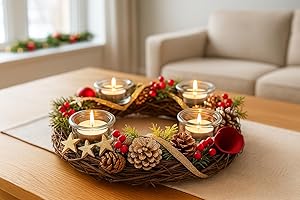 ‎KAMACA KAMACA XL Weihnachtskranz Dekokranz aus massiven Holzzweigen Ø 34 cm mit Tannenzweigen Kugeln und 4 Glas Kerzenhaltern Advent Weihnachten Festliche Tischdecko (XL Adventskranz rot 34 x 34 x 8 cm)