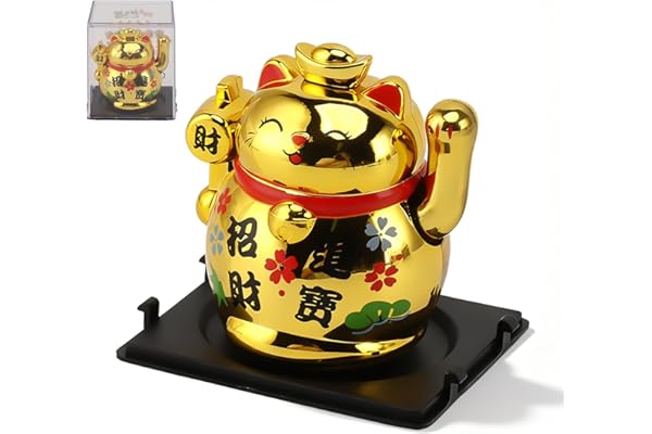 Cyrank Chat Porte-Bonheur, Maneki Neko Japonais, Chat Porte-Bonheur, Bras Agitant, Mignon Chat Chinois, Petit Chat Agitant Solaire pour la Décoration de la Maison Et de la Voiture(Or)