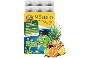 MÖLLER'S Moller’s ® | Omega 3 Pour Enfants | Huile de Poisson Omega 3 Avec DHA et EPA, Sans Gluten, Lactose ni Sucre Ajouté, et Facile à Mâcher | Saveur de Tutti Frutti | 36 Unités