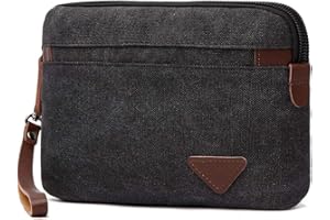 HJKIOPC Canvas Wristlets Bag Large Clutch Bag Wallet Purse Zipper Pouch Handbag Organizer with Leather Strap Wristlet Purse for Men (Black)