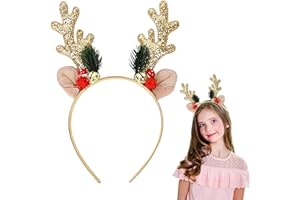 QKEINV Christmas Glitter Elk Antlers Headbands, Christmas Reindeer Antlers Headband, Sparkling Sequin Antler Headband with Bells for Holiday Parties and Xmas Events Cute Xmas Prop