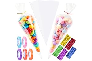 CAKKVDE 100Pcs Sweet Cone Bags with 5-Colour Twist Ties & Ribbons | 16x30cm Cellophane sweet bags for Candy, Cookies, Parties | Halloween, Christmas, Baby Shower, Wedding Favours