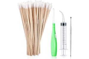 VOKMON Tonsil Stone Removal Set, 1 Stainless Steel Tonsil Stone Remover Tool, 1 Tonsil Stone Remover with LED Light, 100 Long Swabs and 1 Curved Irrigator Syringe to Halitosis Treatment Tonsilitis (Green)
