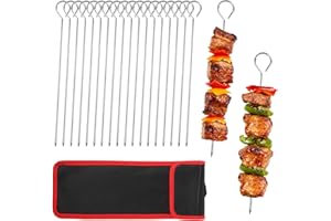 CAKKVDE 20 Pack 20cm Metal BBQ Skewers, Stainless Steel Kebab Skewers for Grilling with Portable Storage Bag