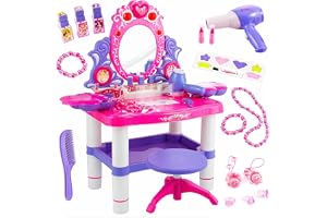 Kinderplay Rosa sminkbord barn med trollstav och tillbehör | sminkbord för barn för flickor med spegel, låda, pall och sminkset – rollspel leksaker, KP8846