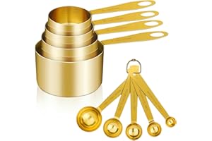 Cuteefun Cucharas Medidoras y Tazas Medidoras, 9 Piezas, Mango de Acero Inoxidable con Medidas MéTricas y US, Taza Medidora de Ingredientes Secos y Líquidos para Hornear y Cocinar (Oro)