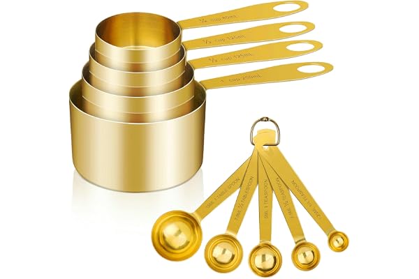 Cuteefun Set de 9 Tasses et Cuillers à Mesurer, Manche en Acier Inoxydable avec Mesures Métriques et Américaines, Finition Polie Or, Cuillere Doseuse Sèche et Liquide pour Pâtisserie, Cuisine(Or)