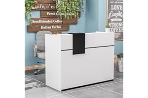 ‎PREMTURE Rezeptionstheken, Rezeptionstresen, Empfangstheken, Empfangstresen, Empfangstheke mit abschließbaren Schubladen und Schränken, Empfangstheke mit verstellbaren offenen Regalen, 140X60X110cm, MDF