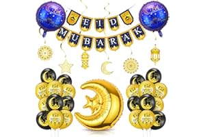 BLUELVES Decoration Ramadan, Aid Moubarak Décoration Or Noir, Ramadan Ballons Etoile Lune, Bannière Ramadan Mubarak Suspendus, Ballons Eid Mubarak pour Ramadan Kareem Décor Fête Maison