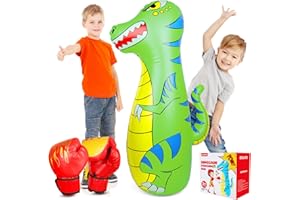 EQARD Sac de Frappe Enfant 120cm Gonflable Dinosaure Sac de Boxe avec Matériau Plus Épais et Sûr Rebond Instantané avec Gants de Boxe Karaté Taekwondo Cadeau pour Enfants 3-9 Ans Filles Garçons