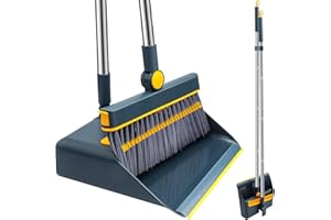 Roellgs Set di scopa, paletta e spazzola, manico lungo con denti a pettine, per spazzare in posizione verticale, per casa, cucina, stanza, ufficio, ingresso (blu)