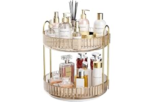 MOACC Rotating Makeup Organizer for Vanity 2 Tier, High-Capacity Skincare Clear Make Up Storage Perfume Organizers Cosmetic Dresser Organizer Countertop 360 Spinning (Gold)