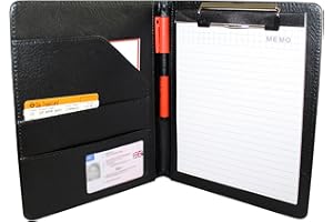 Kurtzy Porte Document en Faux Cuir Noir A5 - Porte Bloc A5 avec Pince pour Conférence - Porte Folio Pliable avec Pochettes pour Document, Porte Carte et Bloc Note - Conférencier Homme & Femme
