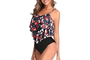 Genfien Damen Badeanzug Rüschen Zweiteilige High Waist Bikini mit Hoher Taille Bademode Volant Bedruckt Badeanzug