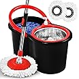 Faboer Spin Mop and Bucket Set | 360° Spin Wringer Mop for Cleaning Floor | Long Handle Extendable Stainless Steel | Rotating Mop Bucket with 2 Super Absorbent Microfibre Mop Head | Wet and Dry Mops