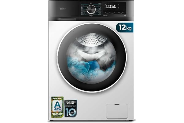 Cecotec Lavadora 12Kg Carga Frontal Bolero DressCode 12500 Inverter. 1400rpm, 16 Programas, Clase A-20%, Bajo Consumo, Motor Inverter Plus, Vapor, Pearl Drum, Delay Start, Drum Clean y Stop&Go